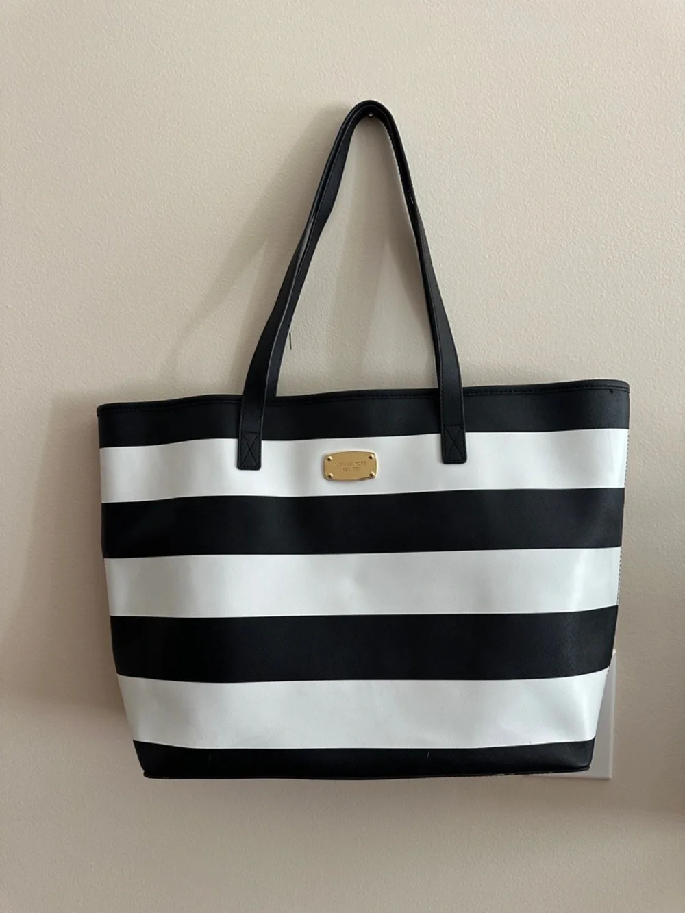 Michael Kors Jet Set Black and White Striped Tote with Gold Plaque
